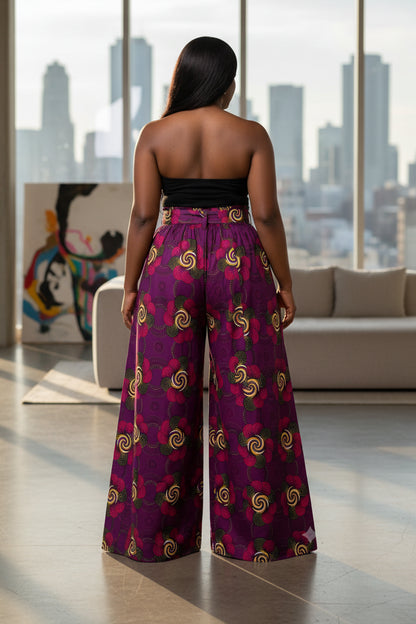 Purple patterned wide-leg pants on a white background