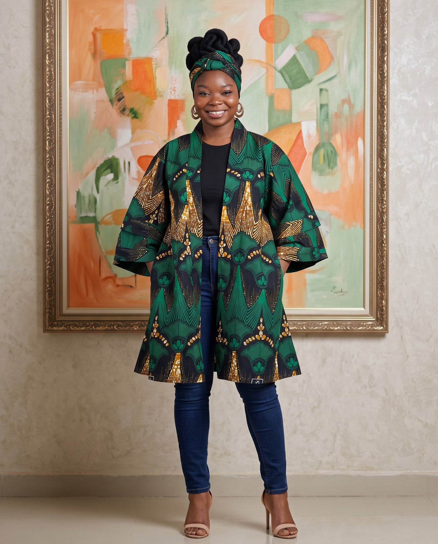 African Print Short Kimono Duster w/Matching Headwrap