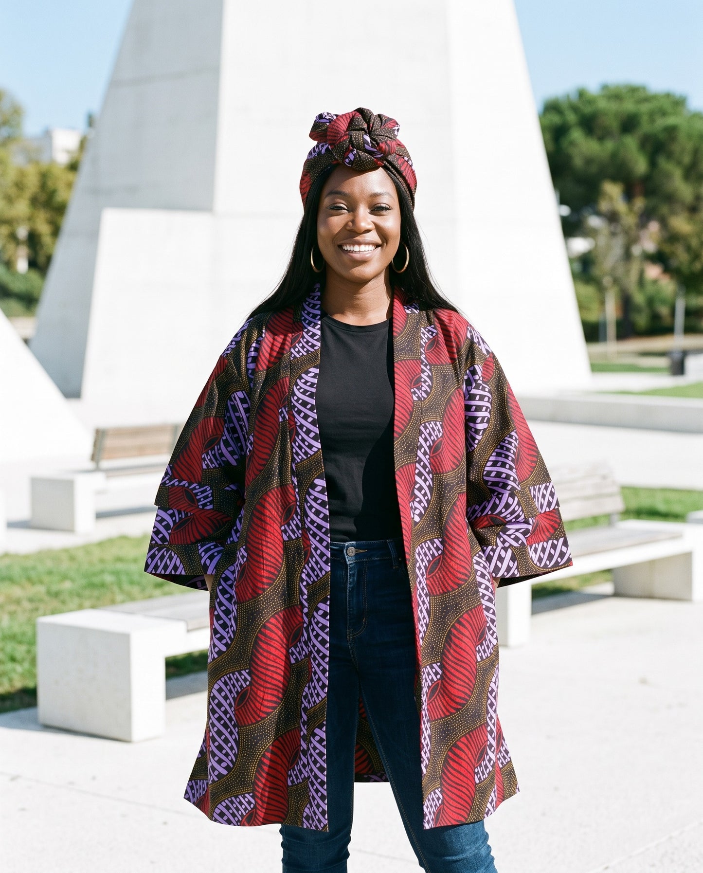 African Print Short Kimono Duster w/Matching Headwrap
