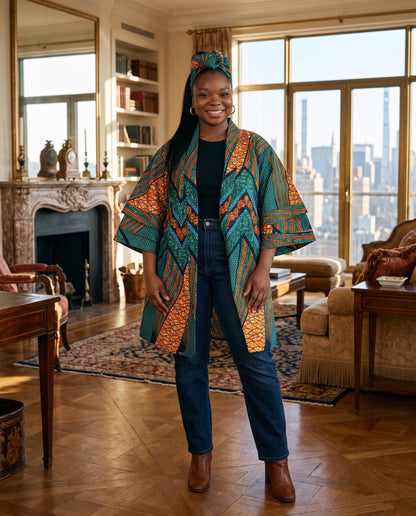 African Print Short Kimono Duster w/Matching Headwrap