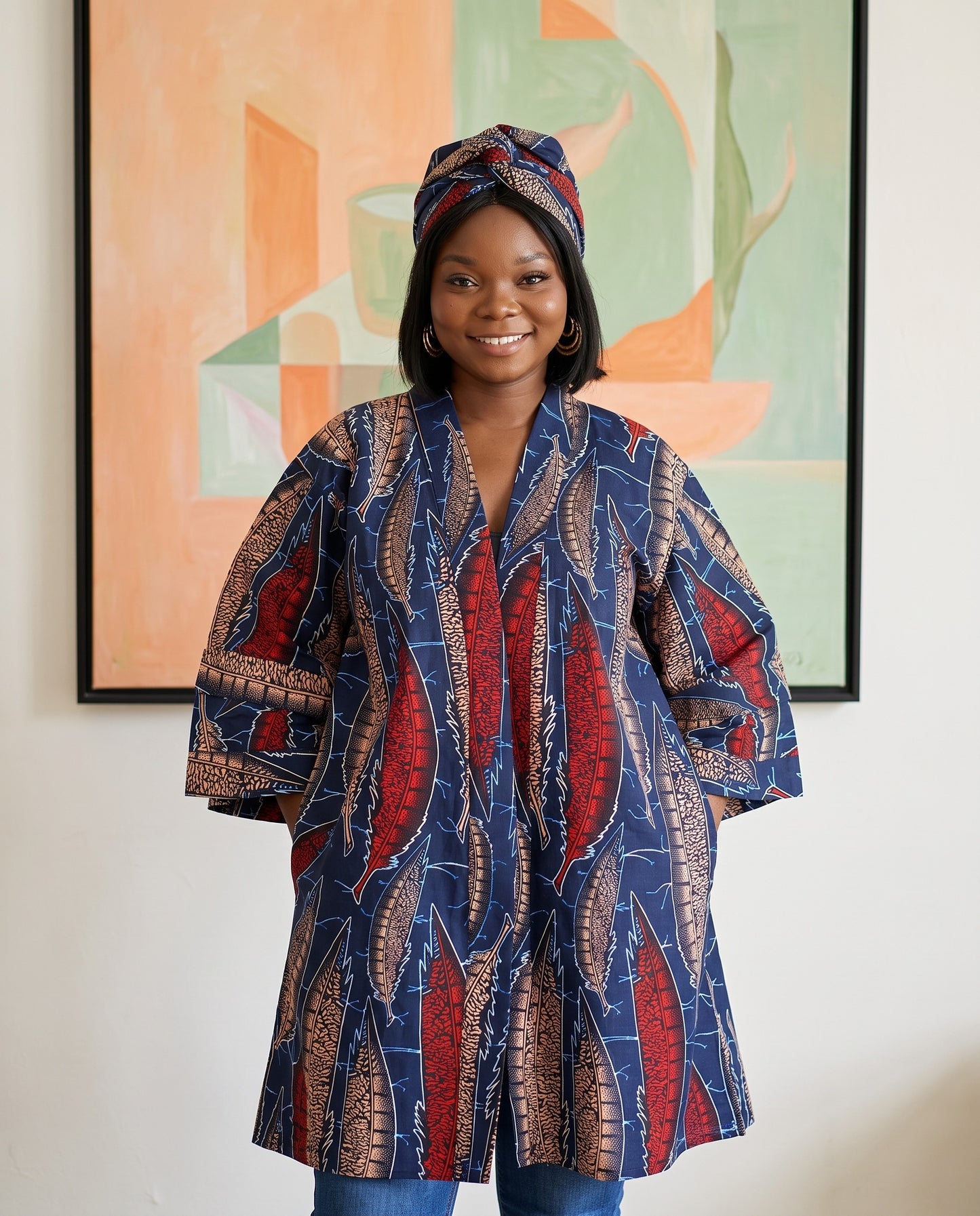 African Print Short Kimono Duster w/Matching Headwrap