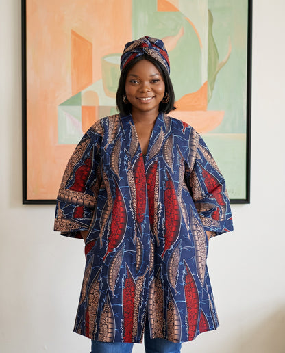 African Print Short Kimono Duster w/Matching Headwrap