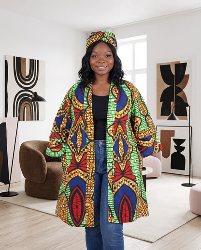 African Print Short Kimono Duster w/Matching Headwrap