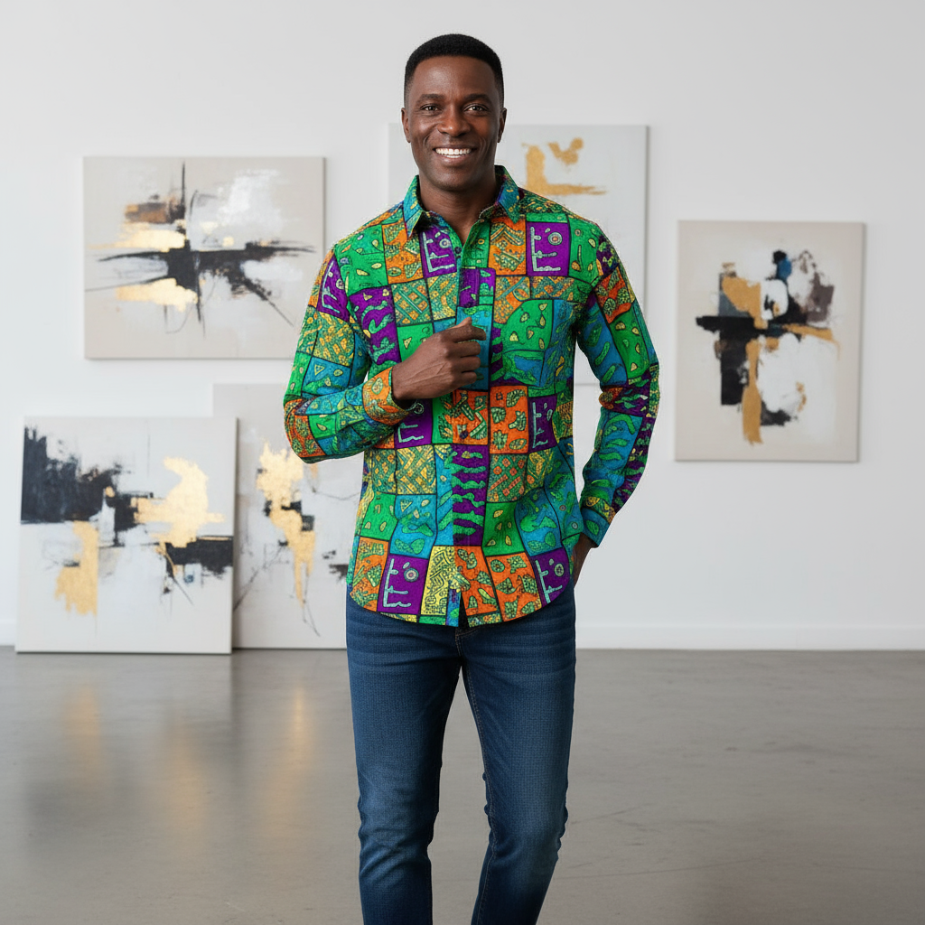 Man wearing a colorful patterned shirt in an art gallery setting