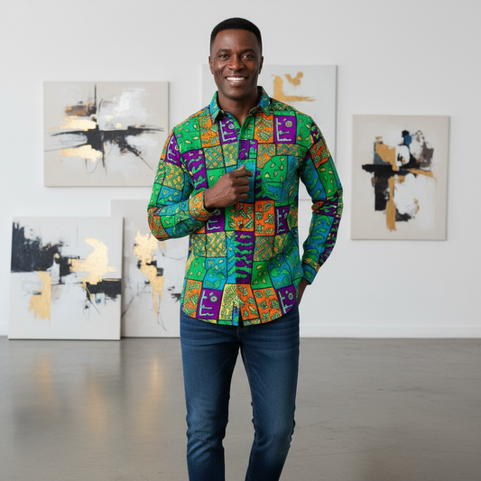 Man wearing a colorful patterned shirt in an art gallery setting