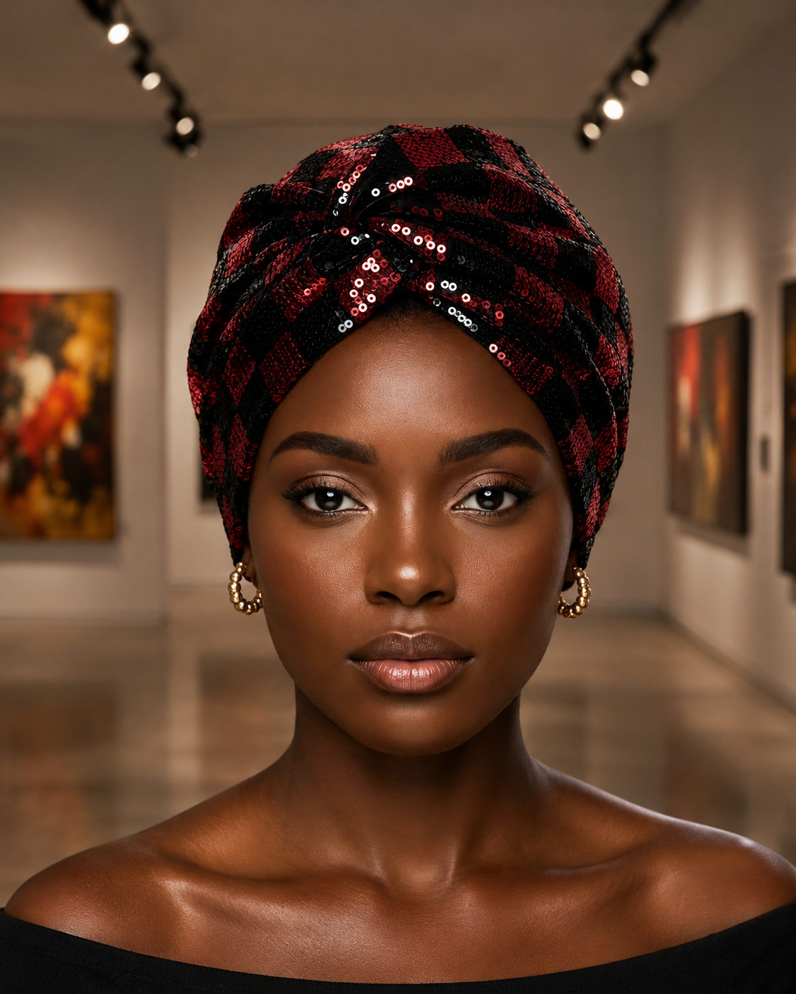 A woman wearing a red and black patterned sequined headwrap turban, photographed in a gallery with paintings in the background.