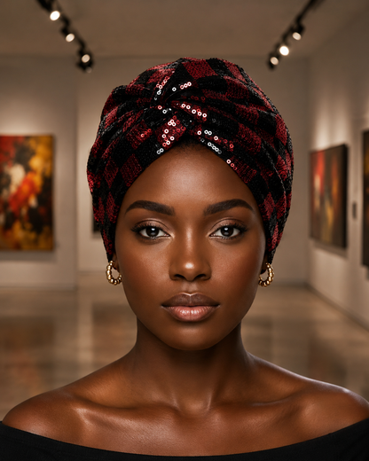 A woman wearing a red and black patterned sequined headwrap turban, photographed in a gallery with paintings in the background.