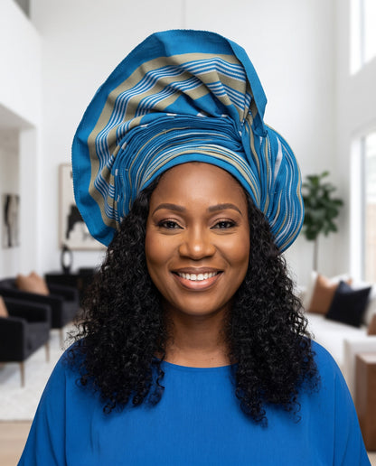 Royal Blue & Khaki Aso Oke Gele