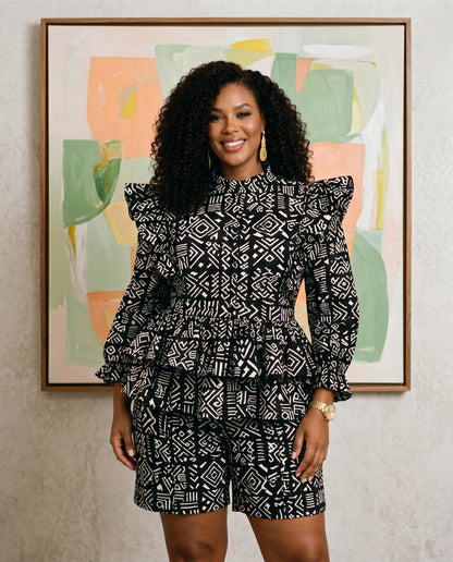 African Inspired Black & White Print Top