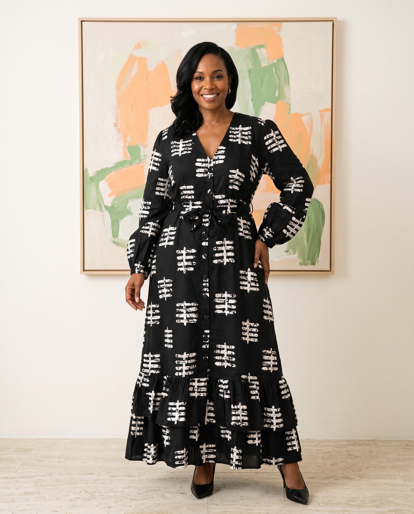 Women's African Print Maxi Dress – Black & White