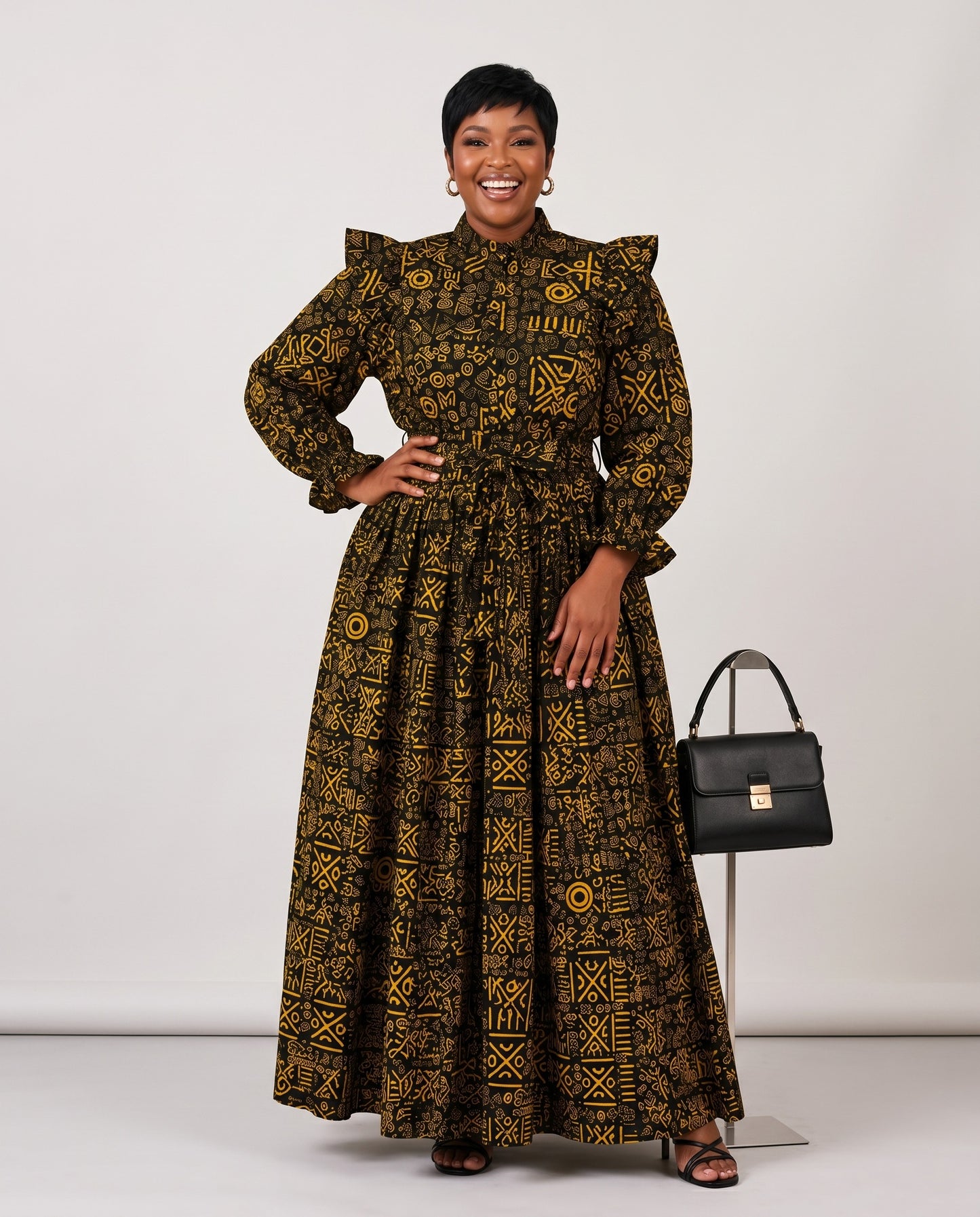 Black and Golden-Yellow Tribal-Inspired African Print Top and Maxi Skirt Set