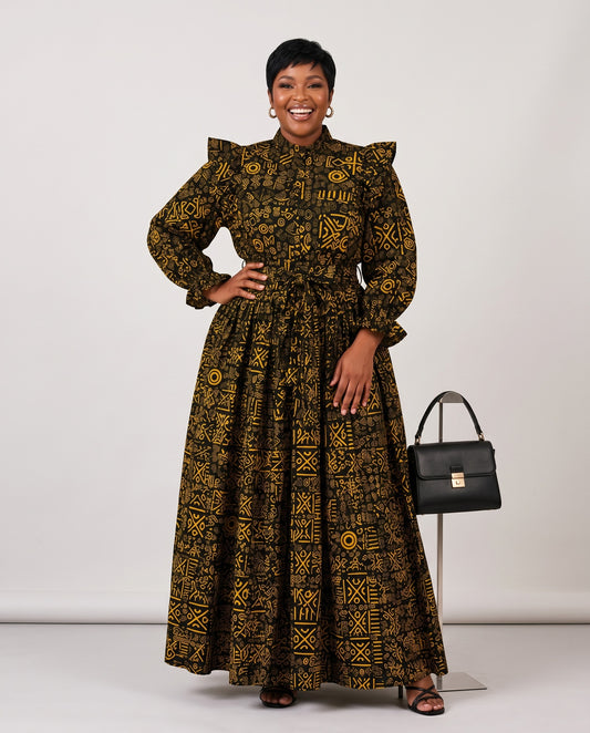 Black and Golden-Yellow Tribal-Inspired African Print Top and Maxi Skirt Set
