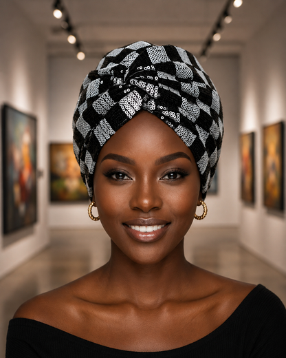 A woman wearing a black and white patterned headwrap turban, styled with gold hoop earrings and a black off-the-shoulder top, standing in a gallery hallway with paintings in the background.