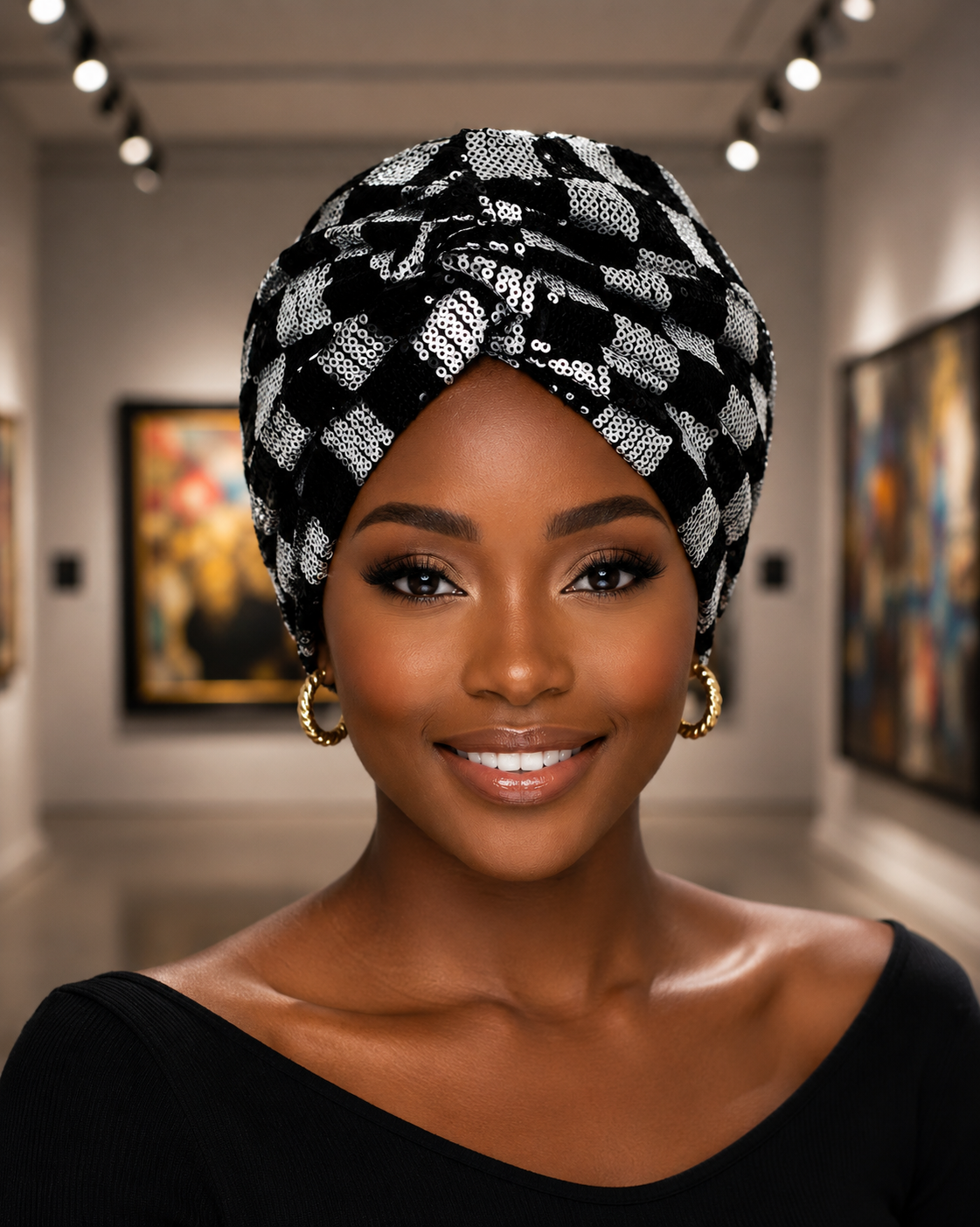 A smiling woman wearing a black and white patterned headwrap turban, gold hoop earrings, and a black top, photographed in a gallery hallway with framed art in the background.