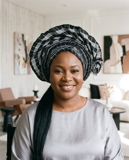 Black & Silver Plaid Aso Oke Gele