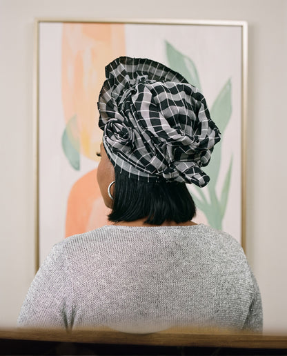 Black & Silver Plaid Aso Oke Gele