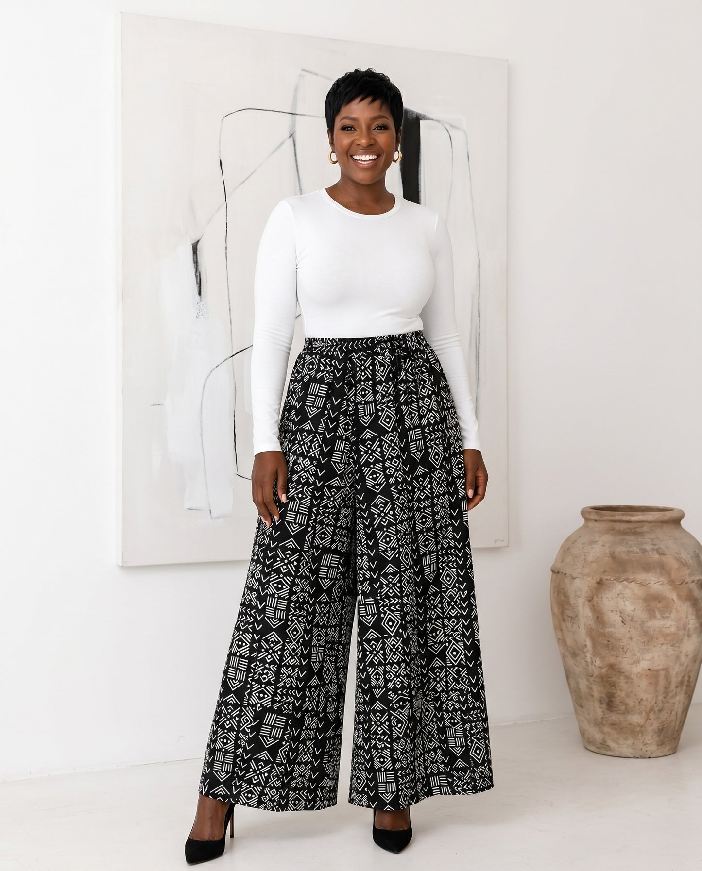 Black and White African Print Wide-Leg Palazzo Pants