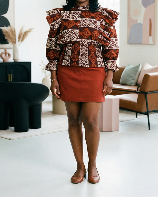 Women's Brown African Print Ruffled Shoulder Peplum Blouse