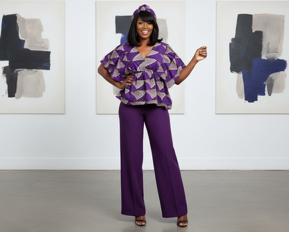 African Print Layered Ruffle Blouse – Purple & Cream