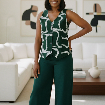 African Print Vest – Green & White