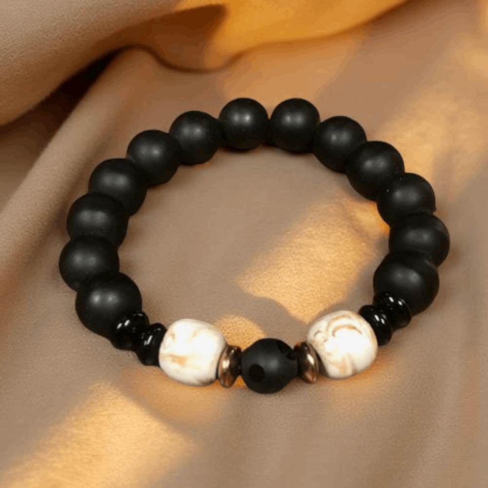 Men's African Glass Black/Ivory Bead Bracelet