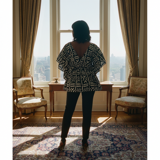 African Print Ruffle Sleeve Blouse – Black & White Mudcloth Style