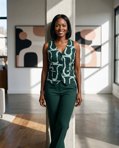 African Print Vest – Green & White