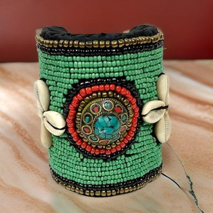 African Style Green Cuff Beaded Bracelet