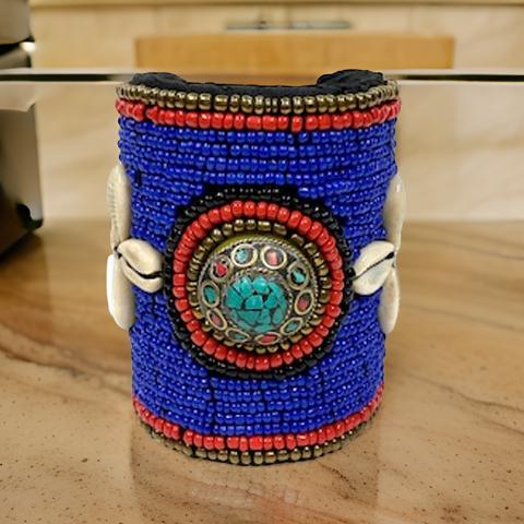African Style Royal Blue Cuff Beaded Bracelet