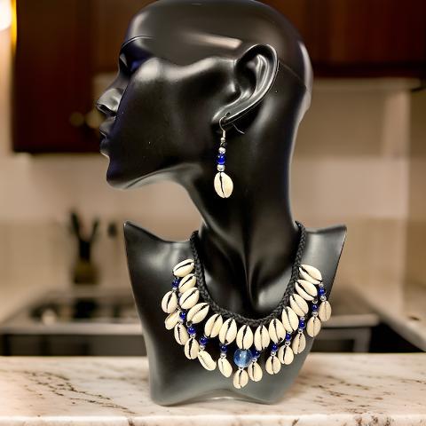Royal Blue Beaded Cowrie Shell Necklace & Earring Set