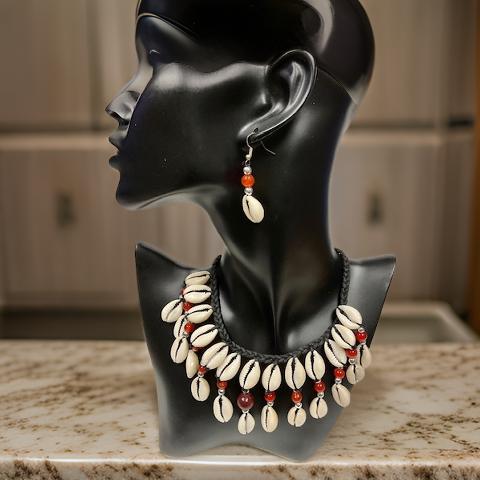 Red Beaded Cowrie Shell Necklace & Earring Set