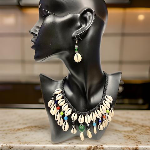 Multi-Color Beaded Cowrie Shell Necklace & Earring Set