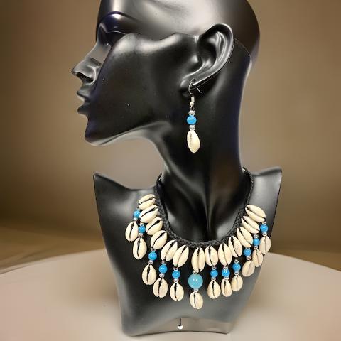 Light Blue Beaded Cowrie Shell Necklace & Earring Set