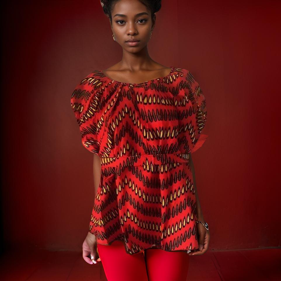 Women's African Print Frill Top Blouse with Belt