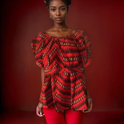 Women's African Print Frill Top Blouse with Belt
