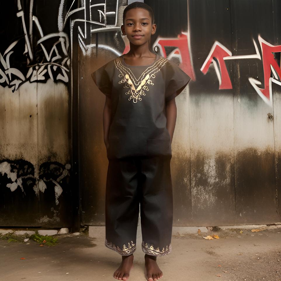 Boys Solid Black 2pc African Dashiki long Shorts Set (Large)