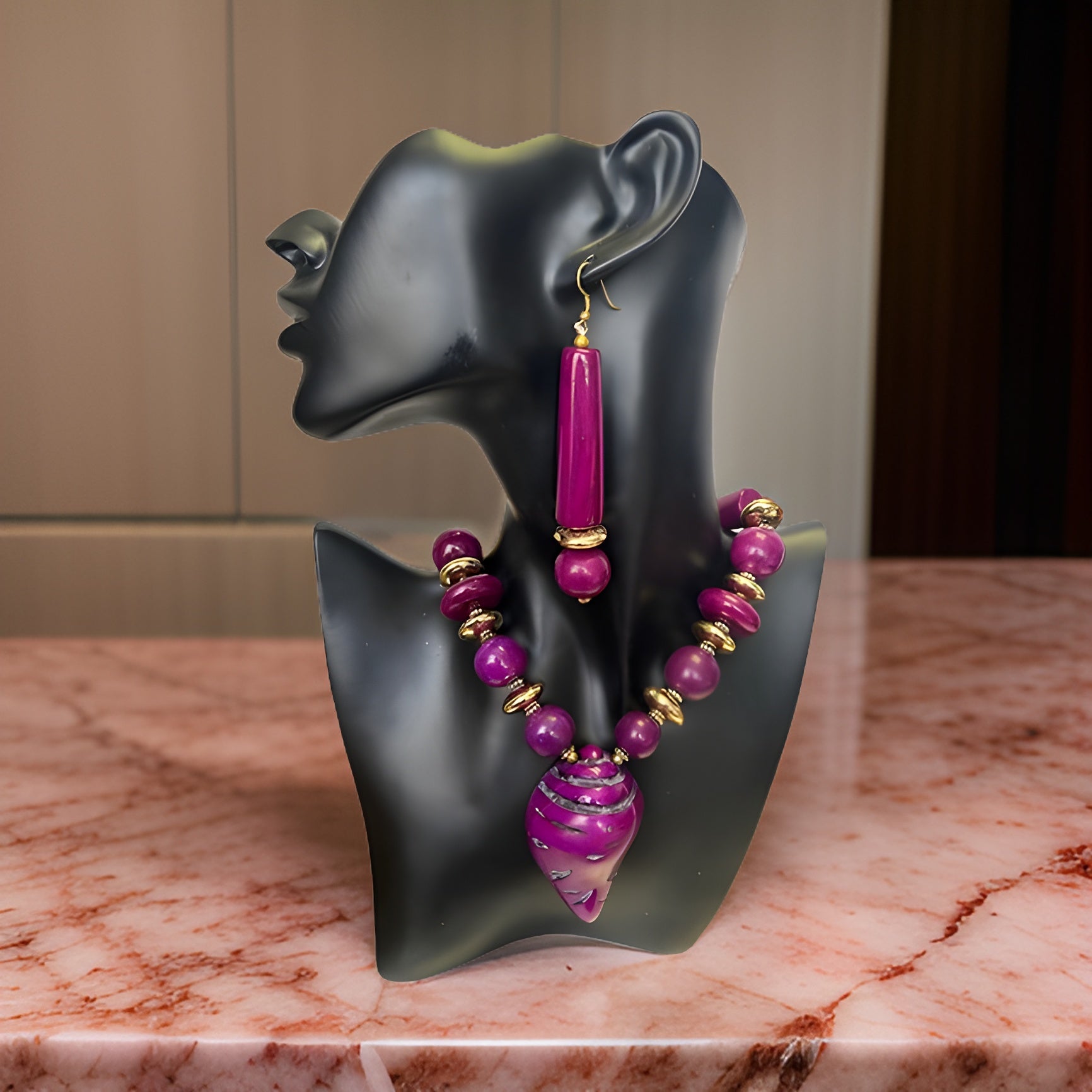 African Bone Shell Pendent Beaded Necklace & Earring Set - Premium Jewelry from MAGOS - Just $19.99! Shop this and more Jewelry now 