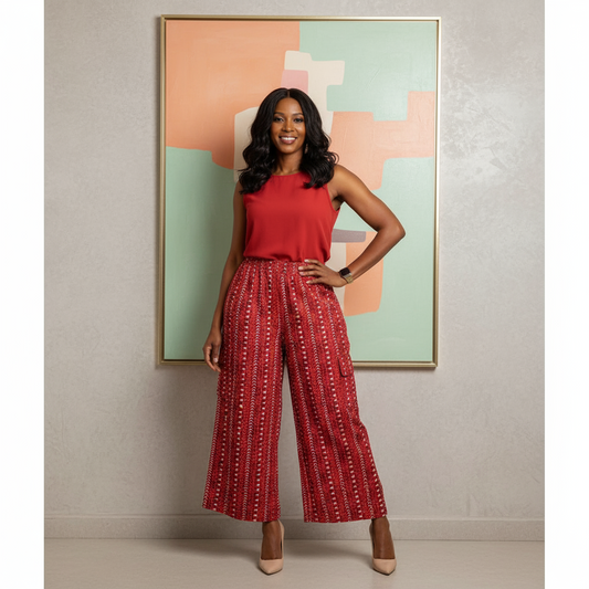 Red African Print Cargo Pants with Matching Headwrap