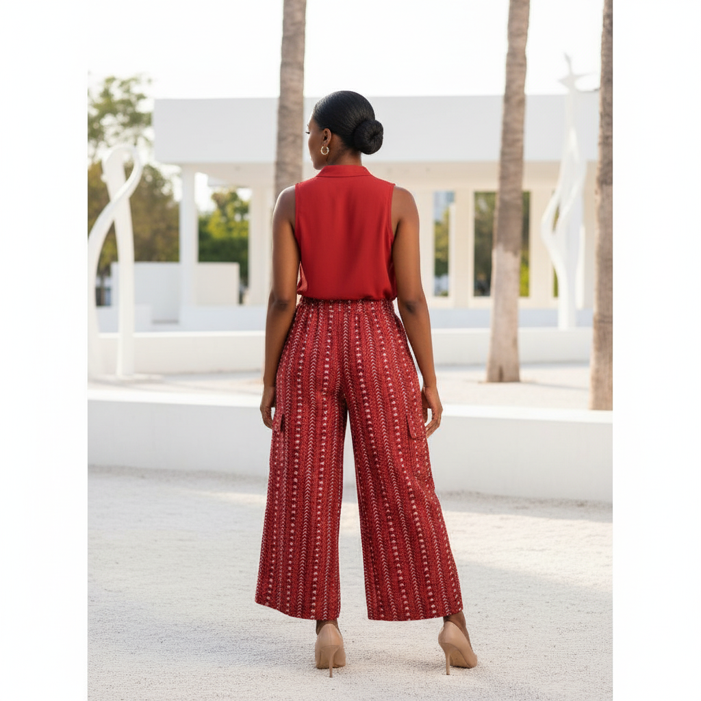 Red African Print Cargo Pants with Matching Headwrap