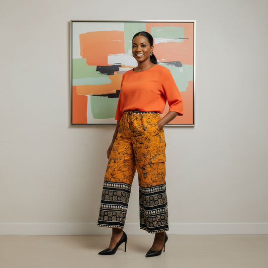 Orange African Print Cargo Pants with Matching Headwrap