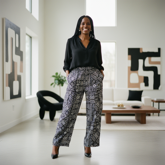 Black & White African Print Cargo Pants with Matching Headwrap