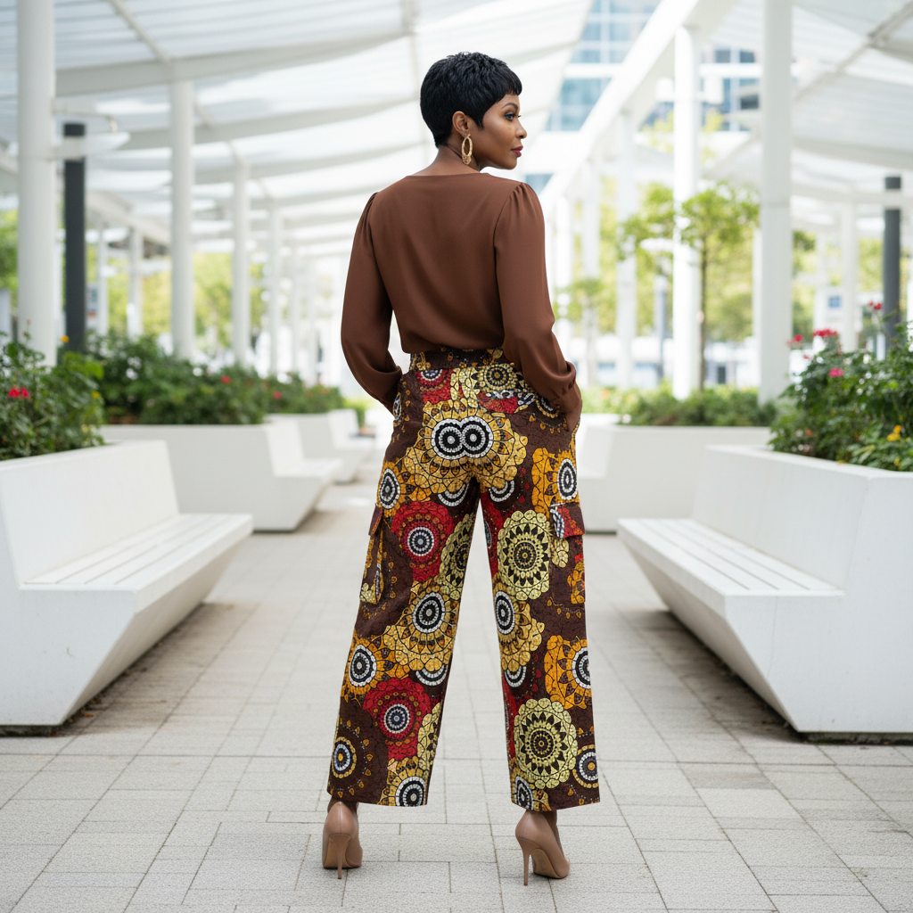 Brown Circular African Print Cargo Pants with Matching Headwrap