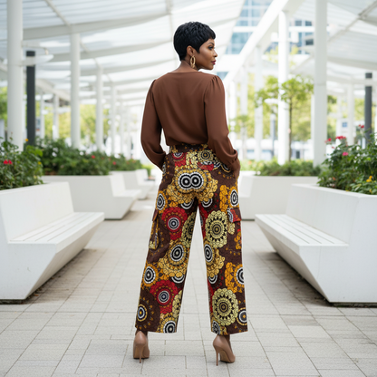 Brown Circular African Print Cargo Pants with Matching Headwrap