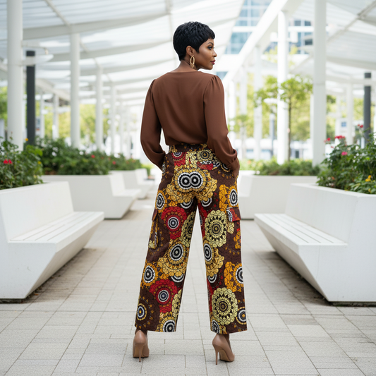 Brown Circular African Print Cargo Pants with Matching Headwrap