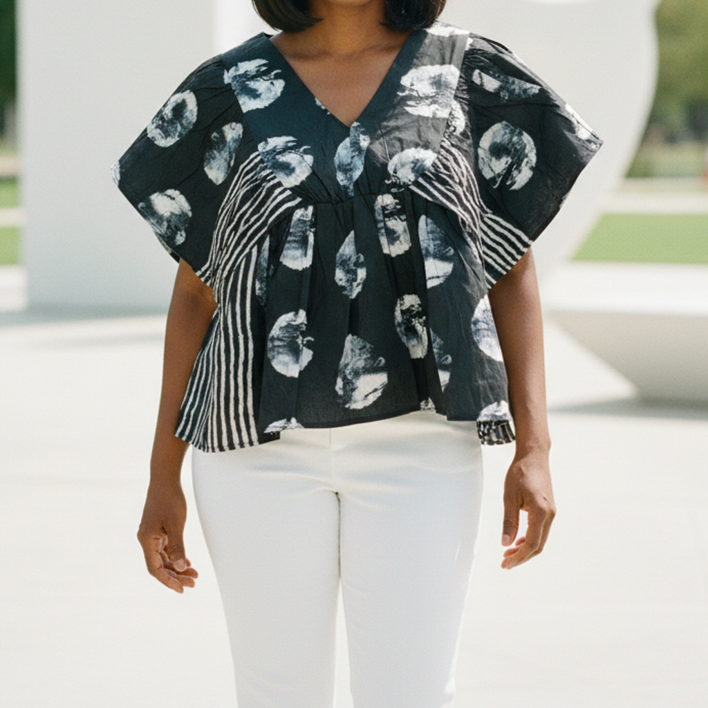 African Print Ruffle Sleeve Blouse – Black/White Pattern