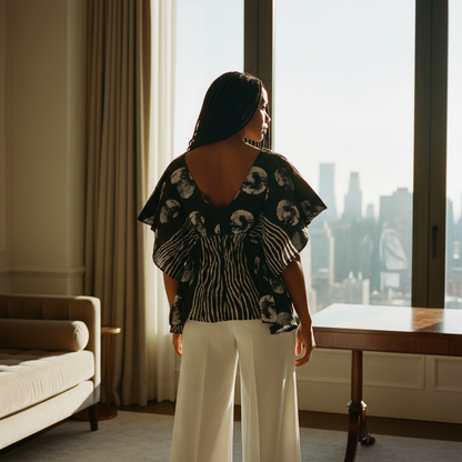 African Print Ruffle Sleeve Blouse – Black/White Pattern