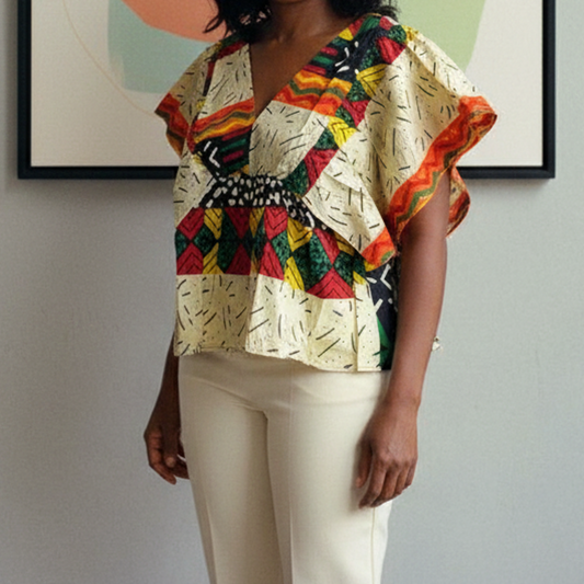 African Print Layered Ruffle Blouse – Cream Tribal Print