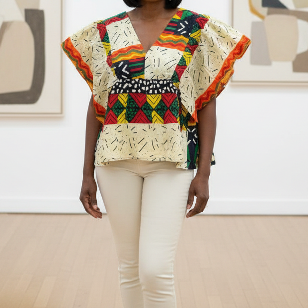 African Print Layered Ruffle Blouse – Cream Tribal Print