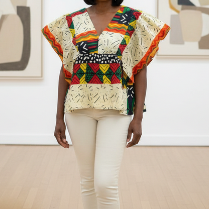 African Print Layered Ruffle Blouse – Cream Tribal Print