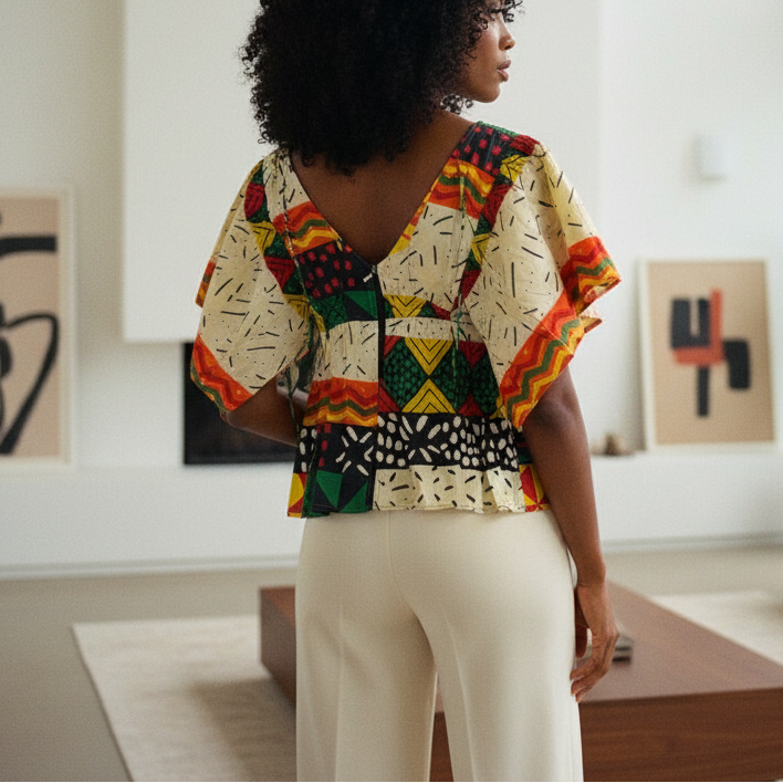 African Print Layered Ruffle Blouse – Cream Tribal Print